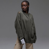 Women Casual Ripped Round Neck Loose Long Sleeve Sweater