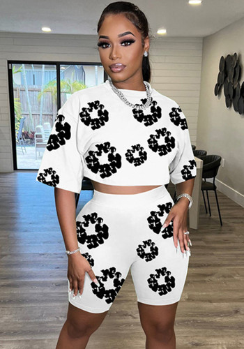 Women Summer Round Neck Short Sleeve Top and Shorts Printed Two-piece Set