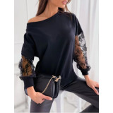 Spring Solid Color Chic Lace Patchwork Slash Shoulder Loose Long-Sleeved Lace Shirt