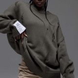 Women Casual Ripped Round Neck Loose Long Sleeve Sweater