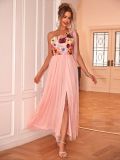 Women Sexy Flower Embroidered One Shoulder Slit Dress