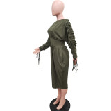 Women's Drawstring Long Sleeves Solid Color Pleated Dress