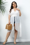 Plus Size Women Polka Dot Chiffon Shirt Beach Sunscreen Irregular Lace-Up Dress