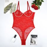 Women Pearl Lace Suspender See-Through Jumpsuit Sexy Lingerie