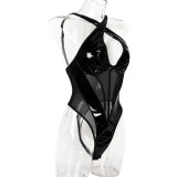 Women PU-Leather sexy v-neck jumpsuit Sexy Lingerie