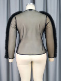 Sexy See-Through Long Sleeve Blouse V-Neck Mesh Patchwork Slim Waist Slim Fit Tops