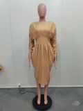 Women's Drawstring Long Sleeves Solid Color Pleated Dress