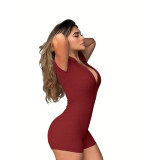 Women's Turndown Collar Solid Color Rib Tight Fitting Short Jumpsuit