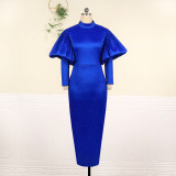 Spring Stand Collar Puff Long Sleeve High Waist Party Dress
