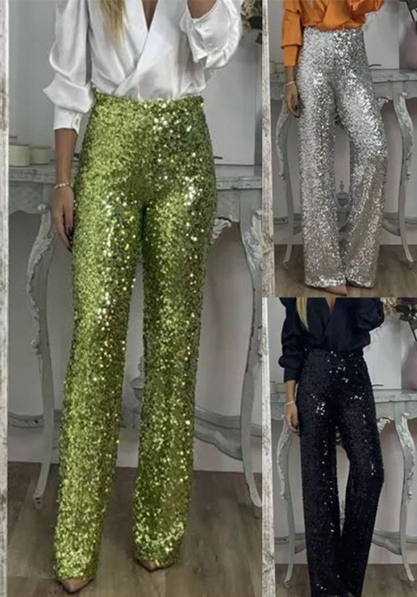 Spring Summer Party Sequined Casual Slim Fit Stretch Bell Bottom Pants