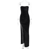 Women's Spring Fashion Sexy Slit Pleated Strapless Dress