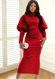 Spring Stand Collar Puff Long Sleeve High Waist Party Dress