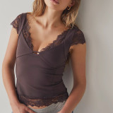 Lace Trim Short-Sleeved Deep V Neck Sexy T-Shirt Top