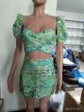 Women Sexy Printed Puff Sleeve Top and Skirt Casual Two-piece Set