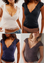 Lace Trim Short-Sleeved Deep V Neck Sexy T-Shirt Top