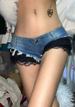Sexy Low-Waist Lace Patchwork Denim Hot Shorts