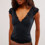 Lace Trim Short-Sleeved Deep V Neck Sexy T-Shirt Top