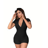 Women's Turndown Collar Solid Color Rib Tight Fitting Short Jumpsuit