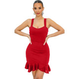 Fashion Solid Color Straps Ruffle Bodycon Dress