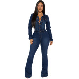 Slim Fit Stretch Bell Bottom Wash Long Sleeve Denim Jumpsuit