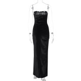 Women's Spring Fashion Sexy Slit Pleated Strapless Dress