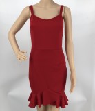 Fashion Solid Color Straps Ruffle Bodycon Dress