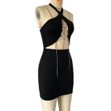 Women Halter Neck Bodycon Sexy Diamond Chain Lace-Up Dress