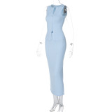 Women's Fashion Chic Solid Color Ribbed Sleeveless Buttoned Vest Skirt Two Piece Set