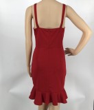 Fashion Solid Color Straps Ruffle Bodycon Dress