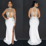 Women Solid Mesh Beaded Slit Maxi Dress