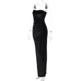 Women's Spring Fashion Sexy Slit Pleated Strapless Dress