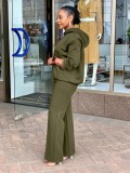 Women Solid Loose Pocket Hooded Drawstring Top and Pant Two-piece Set
