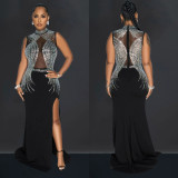 Women Solid Mesh Beaded Slit Maxi Dress