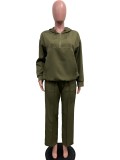 Women Solid Loose Pocket Hooded Drawstring Top and Pant Two-piece Set