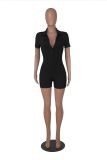 Women's Turndown Collar Solid Color Rib Tight Fitting Short Jumpsuit