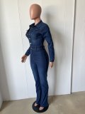 Slim Fit Stretch Bell Bottom Wash Long Sleeve Denim Jumpsuit