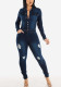 Women Stretch Ripped Washed Long Sleeve Denim Jumpsuit