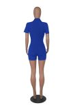 Women's Turndown Collar Solid Color Rib Tight Fitting Short Jumpsuit