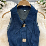 Women Vintage Turndown Collar Cut Out Sleeveless Denim Dress