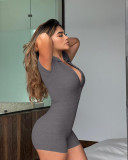 Women's Turndown Collar Solid Color Rib Tight Fitting Short Jumpsuit