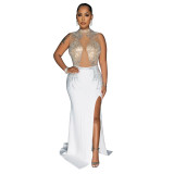 Women Solid Mesh Beaded Slit Maxi Dress