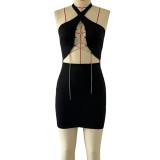 Women Halter Neck Bodycon Sexy Diamond Chain Lace-Up Dress