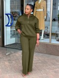 Women Solid Loose Pocket Hooded Drawstring Top and Pant Two-piece Set