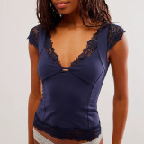 Lace Trim Short-Sleeved Deep V Neck Sexy T-Shirt Top
