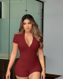 Women's Turndown Collar Solid Color Rib Tight Fitting Short Jumpsuit