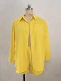 Spring and Spring Women's Solid Color Long-Sleeved Shirt Elastic Waist Loose Shorts Casual Two-Piece Set