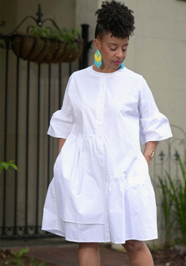 Spring Summer Bell Bottom Wide Sleeves Solid Color Women's Dress