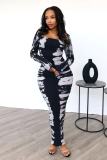 Women Spring Ribbed Printed Back Slit U-Neck Dress