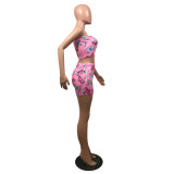 Summer Women's Sexy Slim Fit Butterfly Print Strapless Two Piece Shorts Set