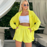 Spring and Spring Women's Solid Color Long-Sleeved Shirt Elastic Waist Loose Shorts Casual Two-Piece Set